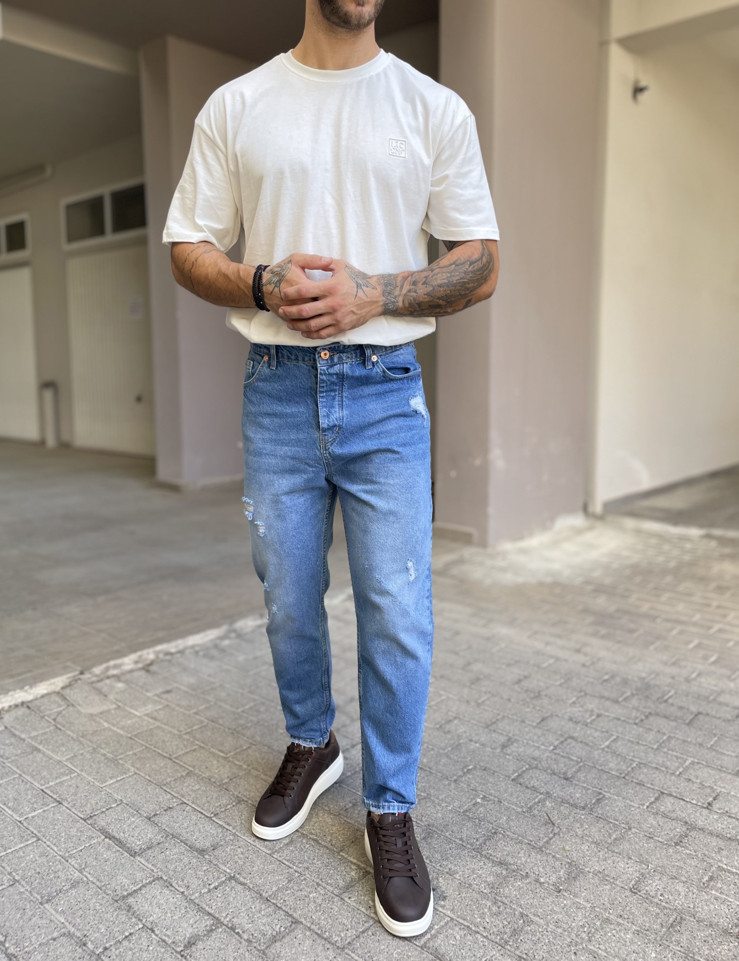 Ανδρικό μπλε ξεβαμμένο loose τζιν πεντάτσεπο με φθορές WE3011 φωτογραφία